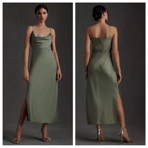 BHLDN Cali Satin Cowl-neck Midi Slip Dress in Moss Green